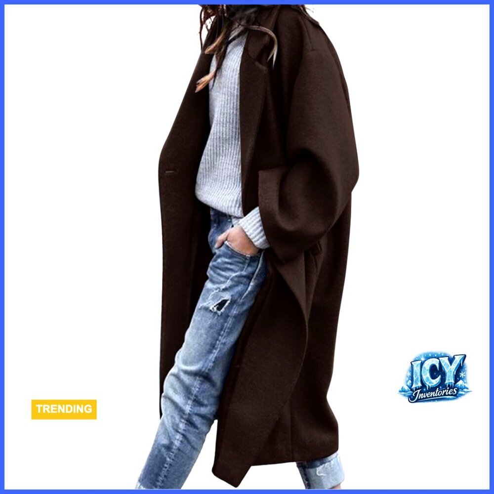 Oversized Wool Blend Trench Coat with Notched Collar and Button Closure